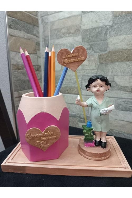 Öğretmenler Günü Özel Dekoratif Biblo Kalemlik Pembe