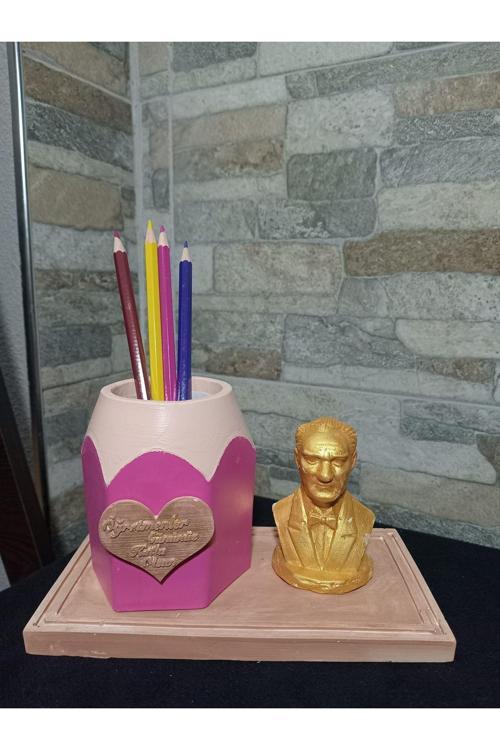 Öğretmenler Günü Özel Dekoratif Biblo Kalemlik Pembe Atatürk