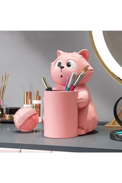 Pembe Sevimli Şaşkın Kedicik Dekoratif Masa Üstü Kalemlik, Makyaj Fırçalığı, Düzenleyici