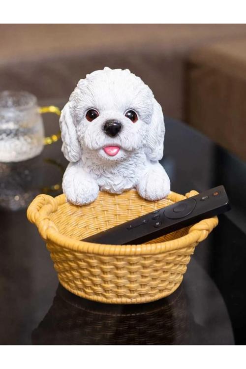 Sevimli Sepetli Beyaz Köpekcik, Dekoratif Biblo, Kumandalık, Sunumluk