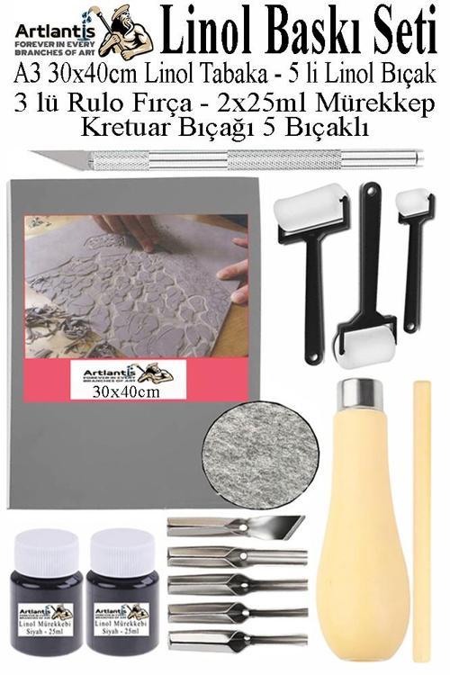 Linol Baskı Seti 1 Paket A3 30x40 Linolyum Tabaka Gri Kretuar Linol Oyma Seti 5 Bıçaklı Rulo Fırça Mürekkep Linol Baskı