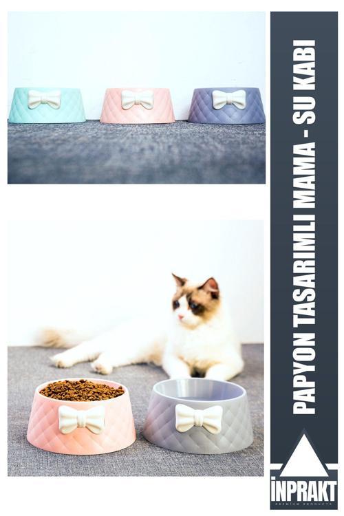Papyon Tasarımlı Kedi ve Köpek Mama Su Kabı Tekli Kaydırmaz Ayaklı