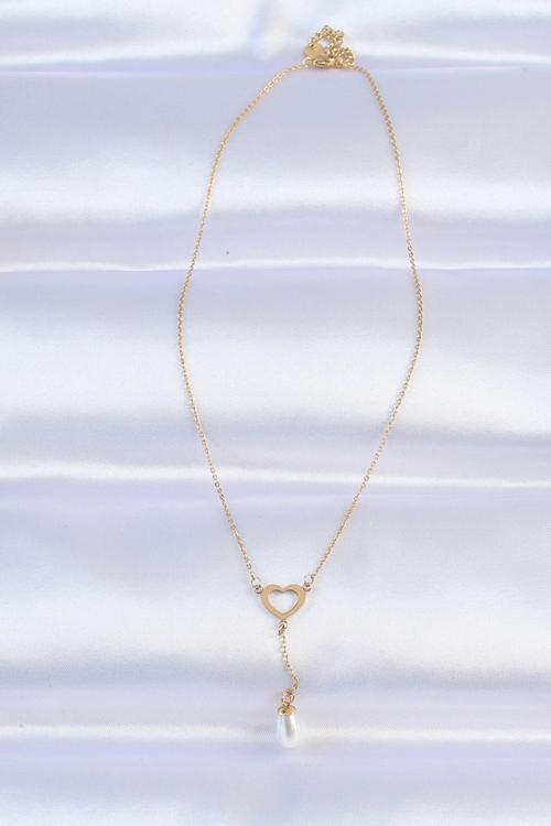 Zarif Kadın için Golden Çelik Zincir İnci Taşlı Kalp Kolye