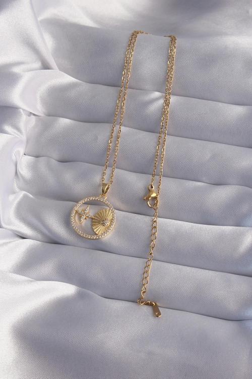 Zarif Kadın için Golden Çelik Zincir Zirkonlu Yıldız Oval Kolye