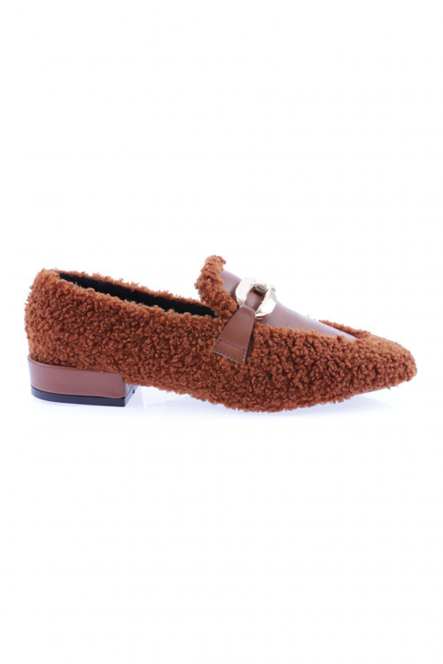 Metal Tokalı Peluş Kadın Loafer Ayakkabı Taba Peluş 6381535