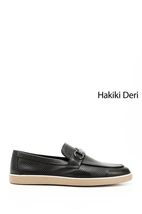 Erkek Siyah Tokalı Hakiki Deri Loafer Ayakkabı
