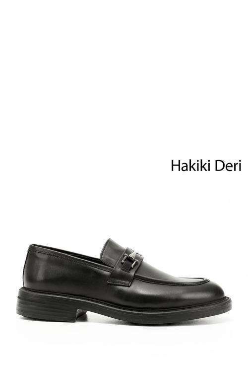 Erkek Siyah Tokalı Hakiki Deri Loafer Ayakkabı