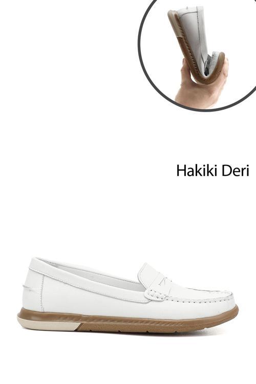Kadın Beyaz Rok Hakiki Deri Comfort Loafer
