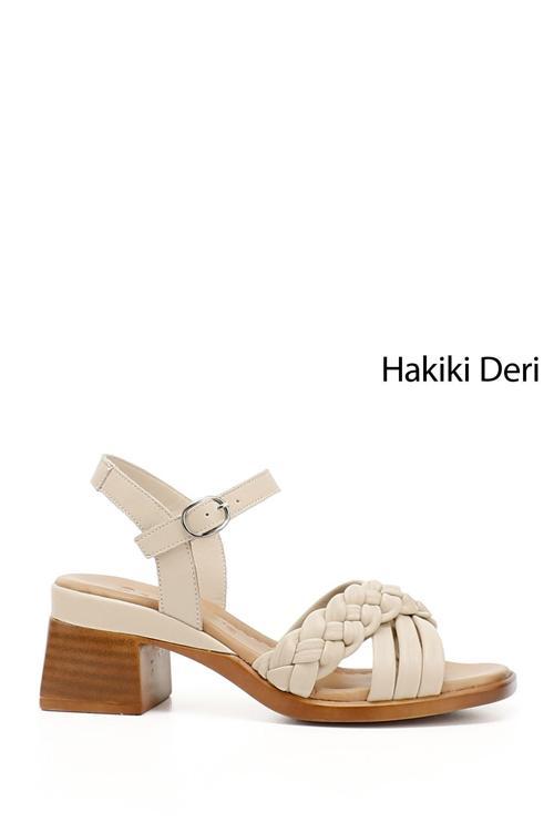 Kadın Bej Antik Kalın Topuklu Hakiki Deri Sandalet