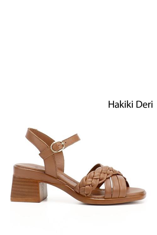 Kadın Taba Antik Kalın Topuklu Hakiki Deri Sandalet