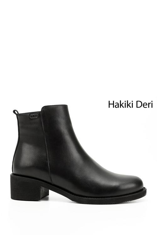 Kadın Siyah Fermuarlı Kalın Topuklu Hakiki Deri Bot