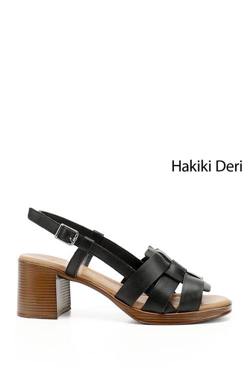 Kadın Siyah Örgü Bantlı Kalın Topuklu Hakiki Deri Sandalet