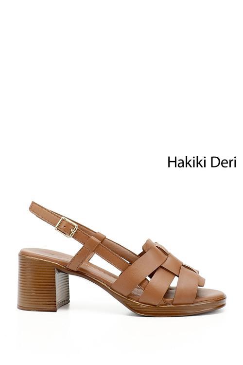 Kadın Taba Antik Örgü Bantlı Kalın Topuklu Hakiki Deri Sandalet