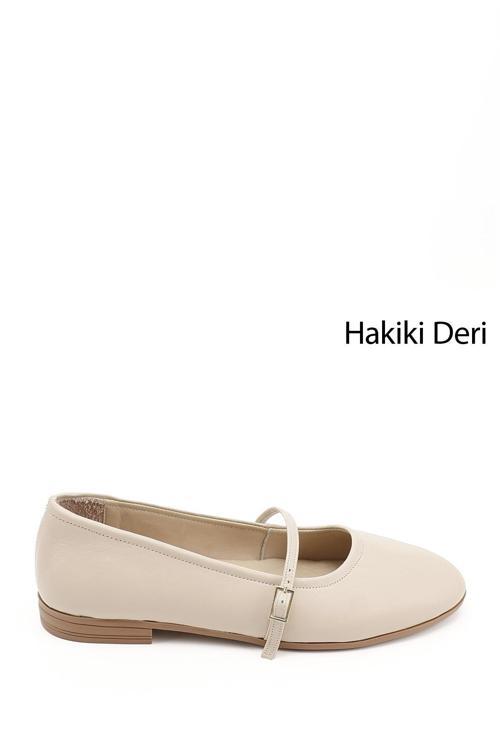 Kadın Bej Antik Mary Jane Hakiki Deri Babet