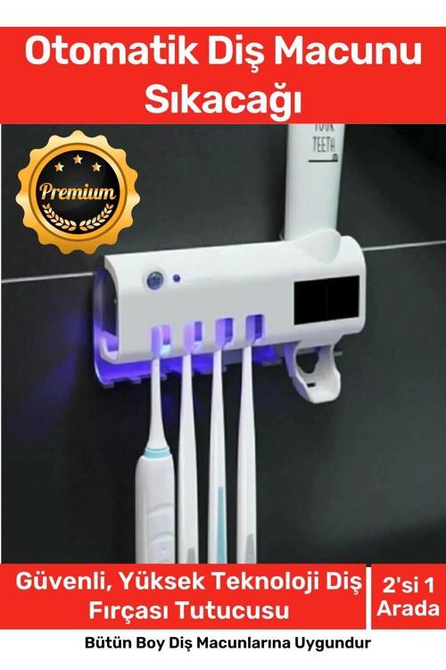 Deluxe Usb Şarjlı Güneş Enerjili Otomatik Diş Macun Sıkacağı Sterilizatörlü 4 Adet Fırçalığı Tutucu