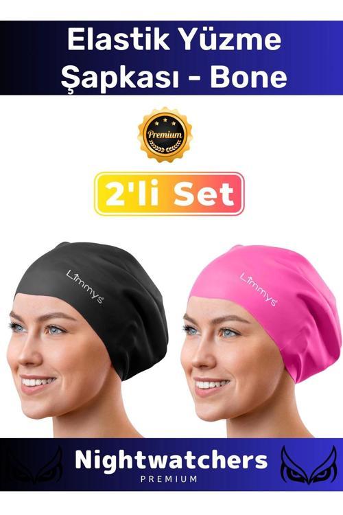 Deluxe Su Geçirmez Sızdırmaz Renkli Silikon Yüzücü Havuz Deniz Bone Elastik Yüzme Şapkası 2'li Set