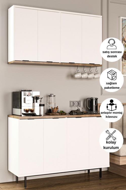 Kahve Köşesi Metal Ayaklı Metal Kulplu Çok Amaçlı Dolap 8 Kapaklı Mutfak Dolabı