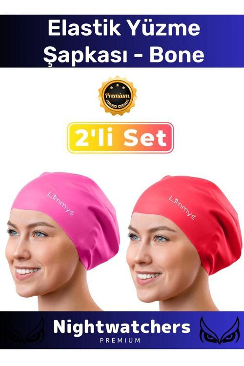 Deluxe Su Geçirmez Sızdırmaz Renkli Silikon Yüzücü Havuz Deniz Bone Elastik Yüzme Şapkası 2'li Set