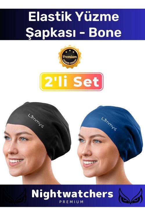 Deluxe Su Geçirmez Sızdırmaz Renkli Silikon Yüzücü Havuz Deniz Bone Elastik Yüzme Şapkası 2'li Set