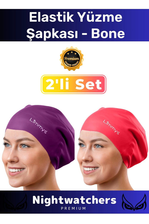 Deluxe Su Geçirmez Sızdırmaz Renkli Silikon Yüzücü Havuz Deniz Bone Elastik Yüzme Şapkası 2'li Set