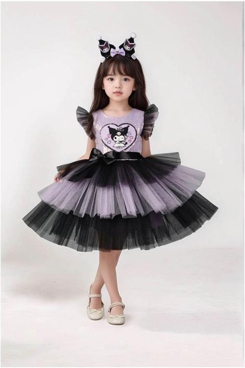 Kuromi Taç Aksesuarlı Pullu Baskılı  Kız Elbise 3/10 Yaş
