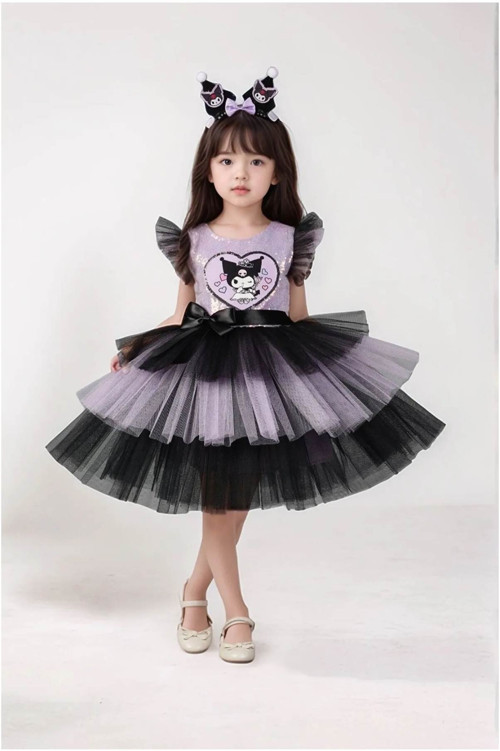 Kuromi Taç Aksesuarlı Pullu Baskılı Kız Elbise 3/10 Yaş