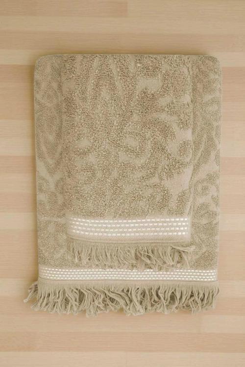 2 Parça Jakarlı Banyo Havlu Takımı %100 Pamuklu 90x150 Cm Arden Bej
