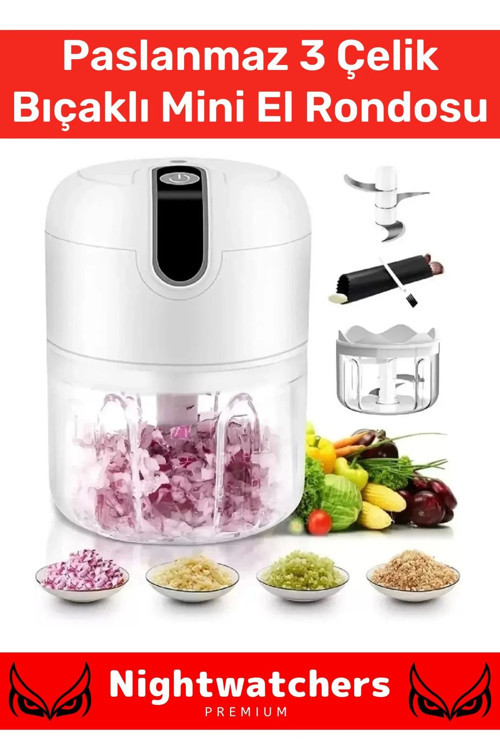 Özel Seri Paslanmaz 3 Bıçaklı Kolay Hızlı Sebze Meyve Sarımsak Pratik Sarjlı Mini El Rondosu 250 ml