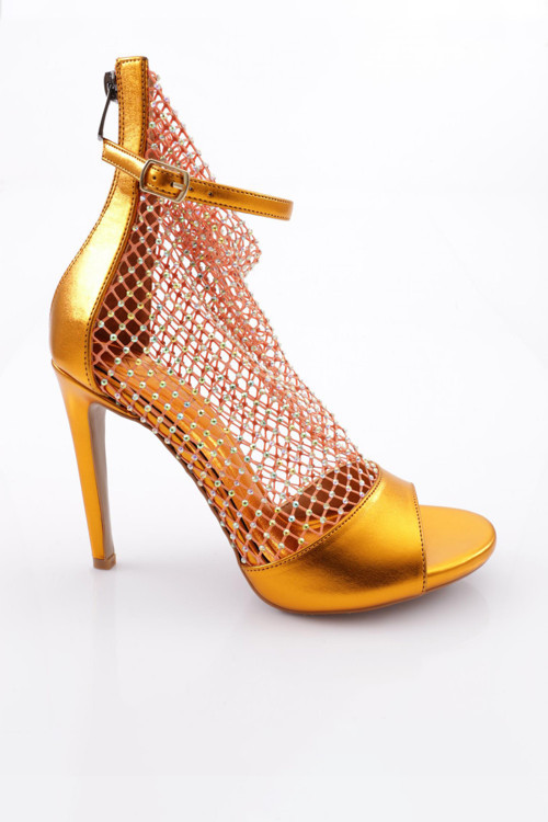 Kadın Silver Taşlı Tarnsparan Bilekten Kemer Bağlamalı Topuklu Sandalet Orange Mat 314233210