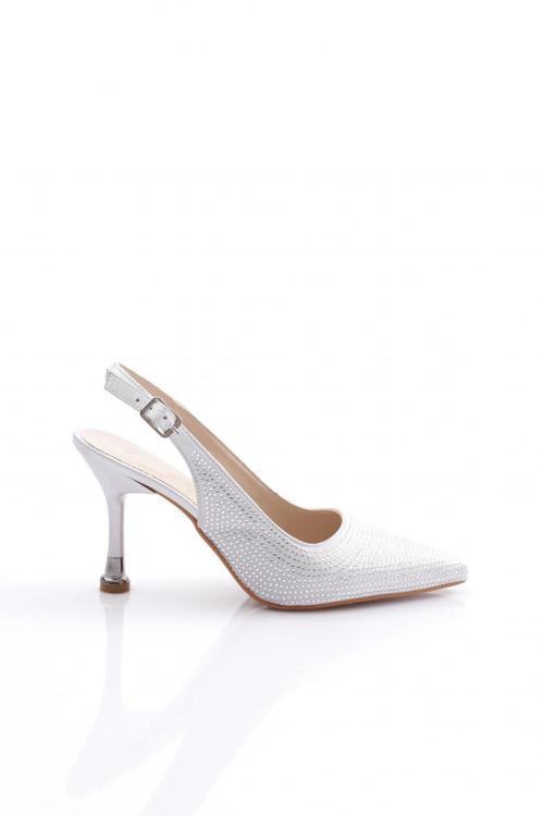 Kadın Arkası Açık Topuklu Ayakkabı Gümüş Taş 6213534