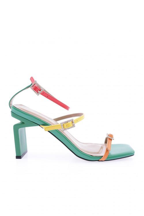 Kadın Küt Burun Bantlı Topuklu Sandalet Yeşil Renkli 21101152859