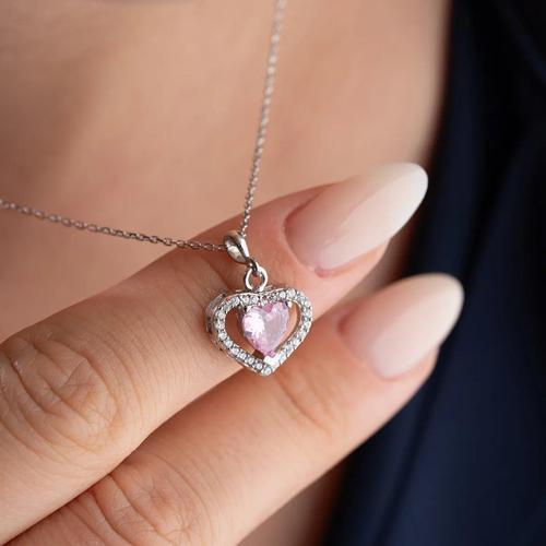 925 Ayar Gümüş Pembe Zirkon Taşlı Kalp Hediye Kolye