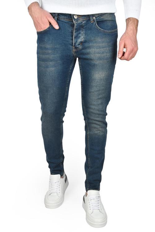 Erkek Lacivert Dar Kesim Likralı Taşlanmış  Jean Kot Pantolon 2504714
