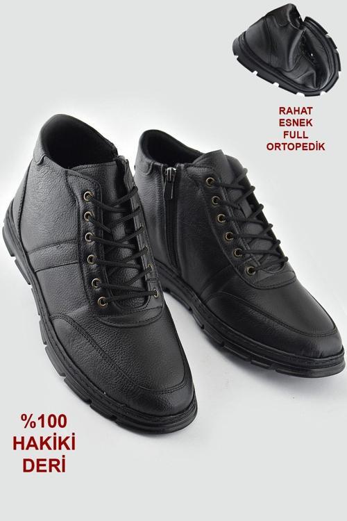 Erkek Siyah Hakiki Deri Günlük içi Astarlı Soğuk Ve Su Geçirmez Yarım Bot