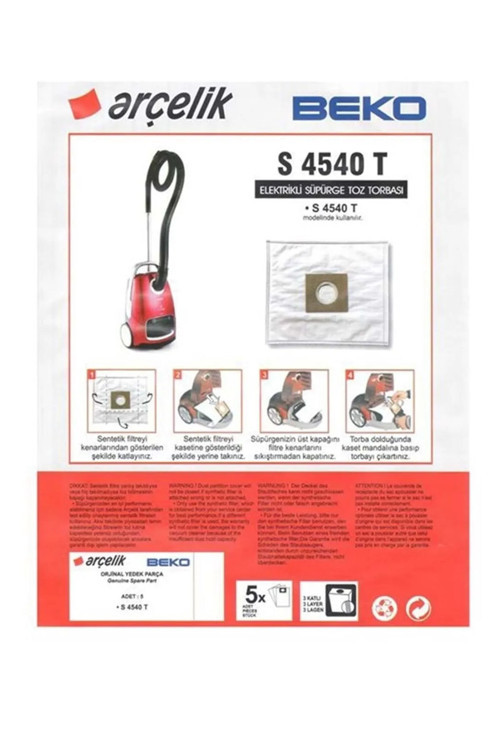 Arçelik S 4540 T Uyumlu 5 Adet Süpürge Toz Torbası Bez