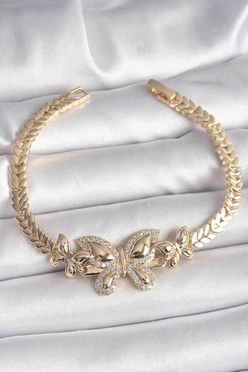 Pirinç Gold Renk Zirkon Taşlı Kelebek Model Kadın Bileklik - TJ-BB6814