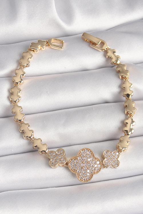 Pirinç Gold Renk Zirkon Taşlı Yonca Model Zincir Kadın Bileklik - TJ-BB6822