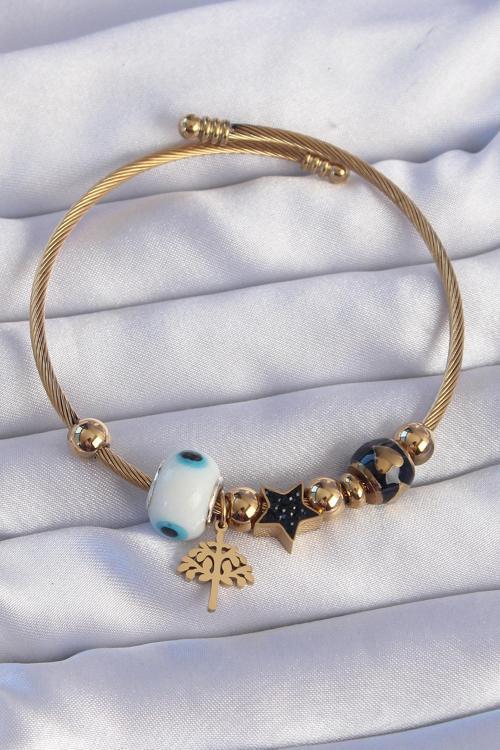 316L Çelik Gold Renk Siyah Zirkon Taşlı Yıldız Tasarımlı Ağaç Detay Nazarlı Charm Bileklik - TJ-BB61