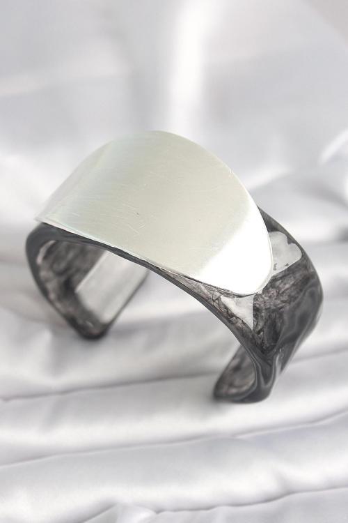 Siyah Mermer Desen Akrilik Plastik Gümüş Oval Plaka Model Vintage Kadın Bilezik - TJ-BB6673