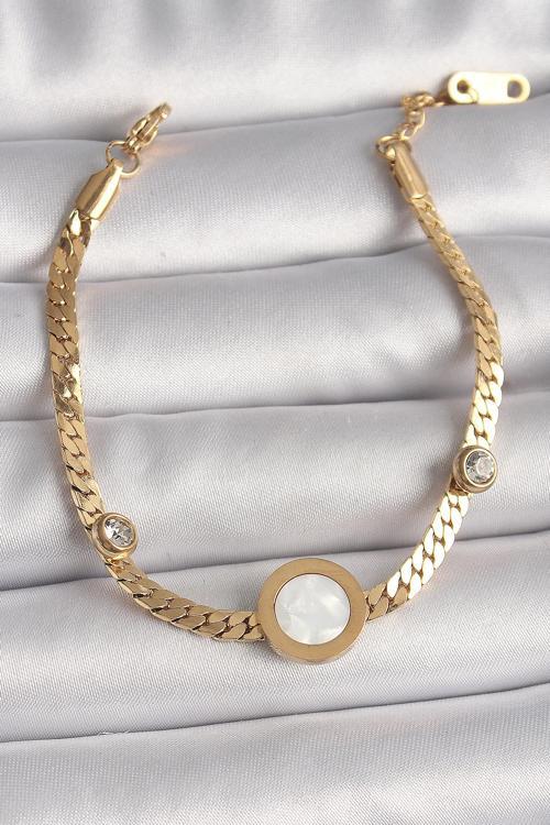 316L Çelik Gold Renk Yassı Zincir Model Zirkon Taş Detaylı Beyaz Mineli Madalyon Model Kadın Bilekli