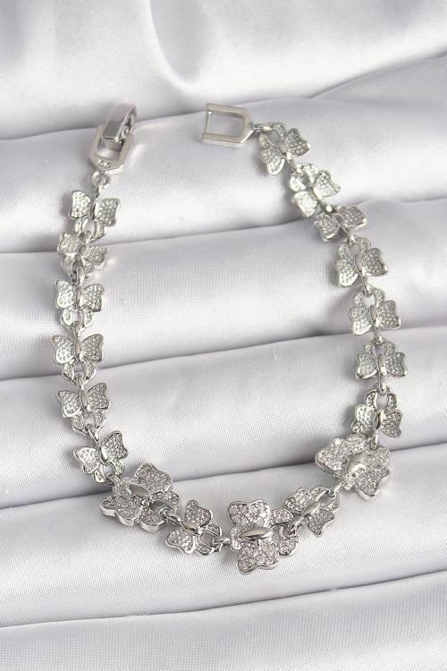 Pirinç Gümüş Renk Zirkon Taşlı Kelebek Model Zincir Kadın Bileklik - TJ-BB6835