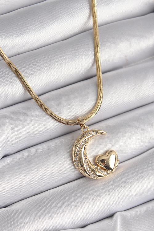 316L Çelik Gold Renk Çelik İtalyan Zincir Zirkon Taşlı Halil Figür Kalp Detay Kadın Kolye - TJ-BKO95