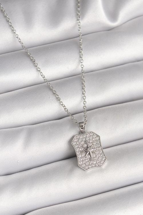 316L Çelik Gümüş Renk Zincir Zirkon Taşlı Kutup Yıldız İşlemeli Madalyon Model Kadın Kolye - TJ-BKO9