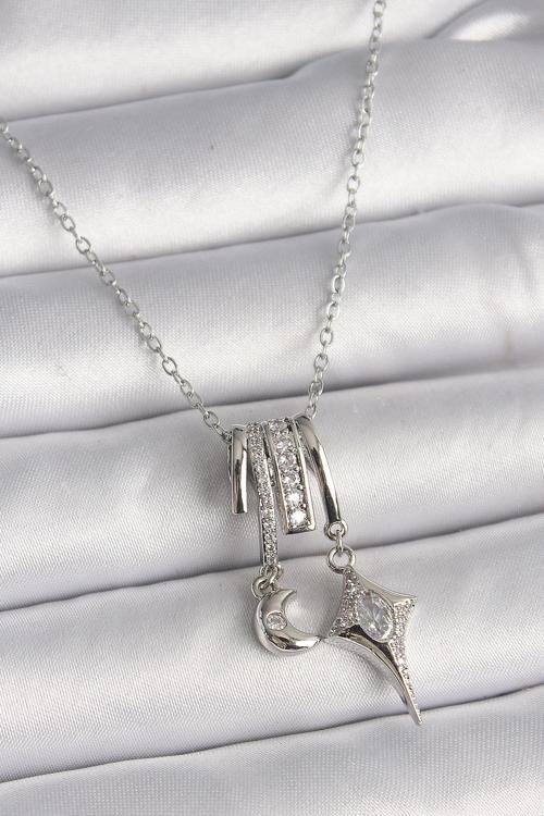 316L Çelik Gümüş Renk Zincir Zirkon Taşlı Sallantı Hilal Yılıdız Model Kadın Charm Kolye - TJ-BKO974
