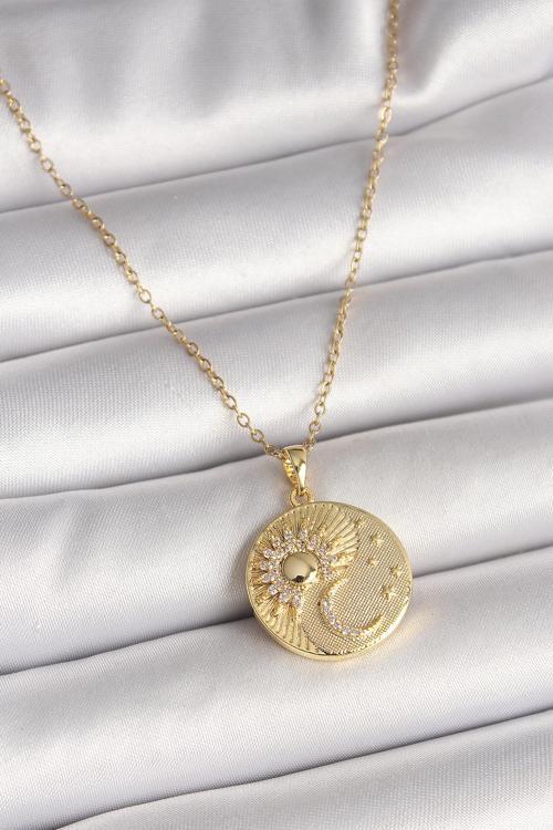 316L Çelik Gold Renk Zincir Zirkon Taşlı Ay Güneş İşlemeli Madalyon Model Kadın Kolye - TJ-BKO9958