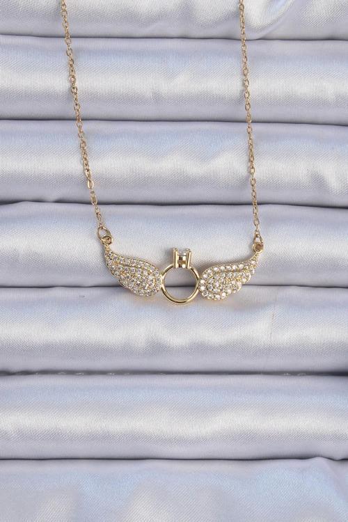 316L Çelik Zincir Altın Renk Kanatlı Tektaş Kolye - TJ-BKO9077