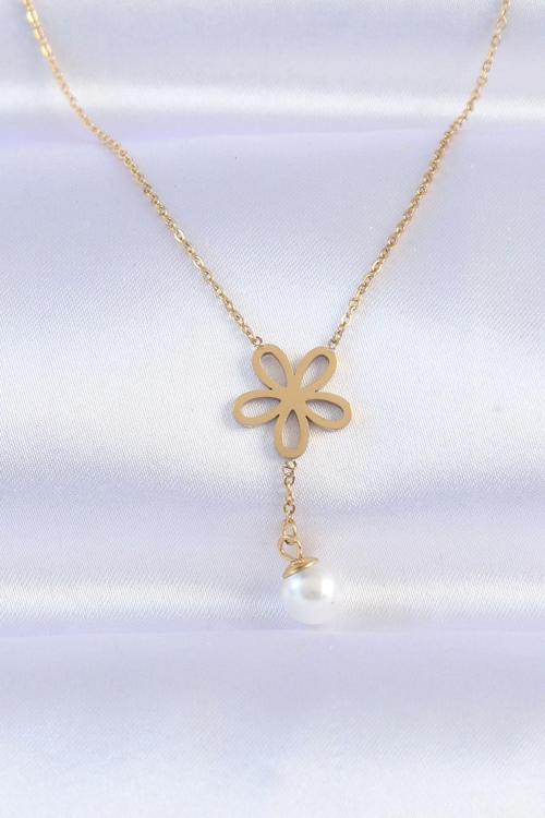 316L Çelik Zincir Gold Renk İnci Detay Çiçek Kolye - TJ-BKO8730