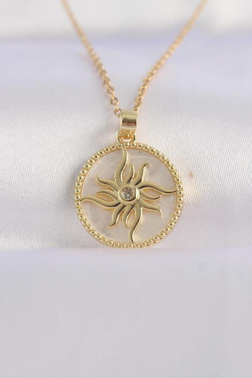 316L Çelik Zincir Altın Renk Zirkon Taşlı Oval Tasarım Güneş Kolye - TJ-BKO8653