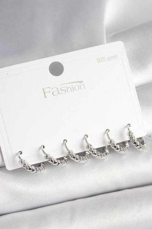 925 Ayar Gümüş Çivi Pirinç Gümüş Renk Kalp İşlemeli Halka Model Kadın Küpe Seti - TJ-BKP10412