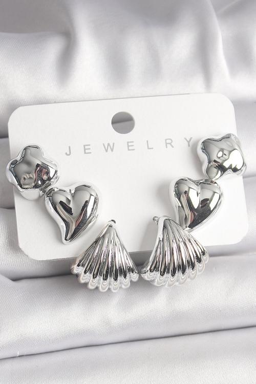 Gümüş Renk Yonca Kalp Deniz Kabuğu Figür CCB Kadın Küpe Seti - TJ-BKP10021